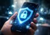 Dłoń trzymająca nowoczesny smartfon z cyfrową tarczą i kłódką symbolizującą bezpieczeństwo danych oraz ochronę plików w telefonie