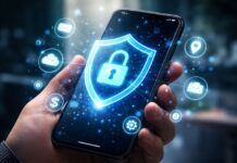 Dłoń trzymająca nowoczesny smartfon z cyfrową tarczą i kłódką symbolizującą bezpieczeństwo danych oraz ochronę plików w telefonie