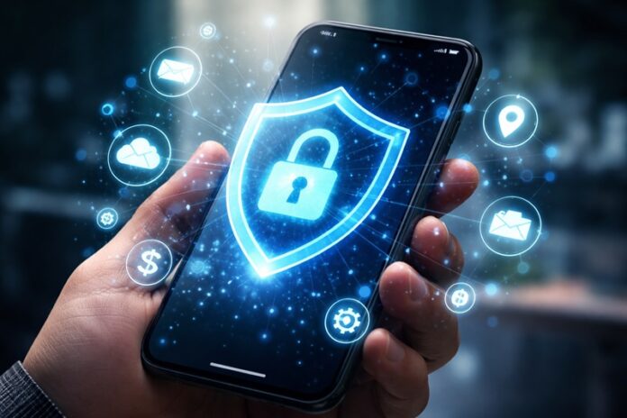 Dłoń trzymająca nowoczesny smartfon z cyfrową tarczą i kłódką symbolizującą bezpieczeństwo danych oraz ochronę plików w telefonie