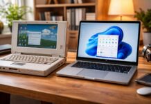 Porównanie starego i nowoczesnego laptopa stojących obok siebie na biurku, symbolizujące różnice w stabilności i technologii komputerowej