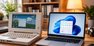 Porównanie starego i nowoczesnego laptopa stojących obok siebie na biurku, symbolizujące różnice w stabilności i technologii komputerowej