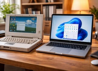 Porównanie starego i nowoczesnego laptopa stojących obok siebie na biurku, symbolizujące różnice w stabilności i technologii komputerowej