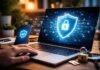 Aktualizacje zabezpieczeń – laptop z ikoną tarczy i kłódki symbolizujący ochronę danych i bezpieczeństwo systemu
