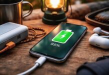 Jak realnie wydłużyć żywotność baterii w smartfonie? Analiza nawyków i ustawień Smartfon ładowany przewodem na drewnianym stole, obok powerbank, słuchawki bezprzewodowe i lampka kempingowa, scena w ciepłym świetle