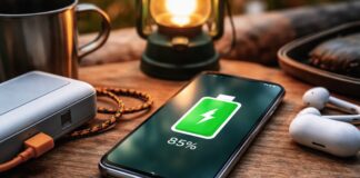 Smartfon ładowany przewodem na drewnianym stole, obok powerbank, słuchawki bezprzewodowe i lampka kempingowa, scena w ciepłym świetle