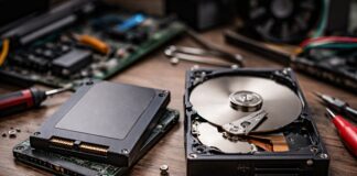 SSD vs HDD po latach – porównanie zużytego dysku HDD i dysku SSD na stole serwisowym